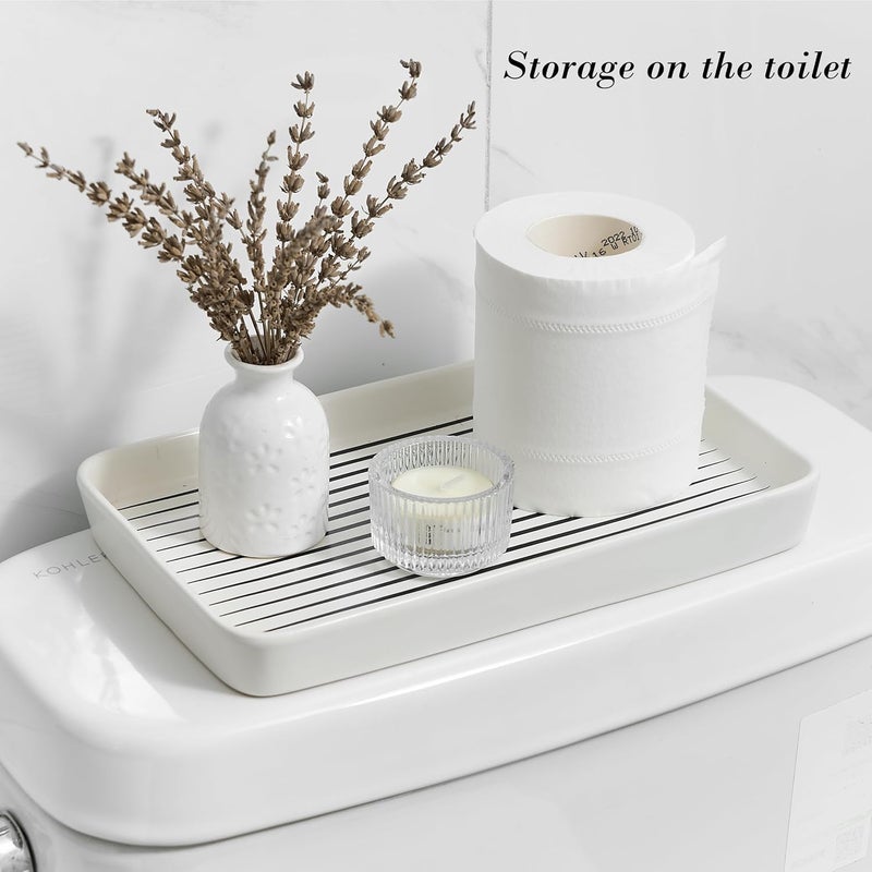 Pottify 10"×6"×1" White Bathroom Vanity Tray for Countertop- Ceramic Decorative Organizer Tray for Dresser Tops, Toilet, Perfume, Sponge Holder Soap Dish Dispenser for Kitchen Counter- Black Stripes - Image 4